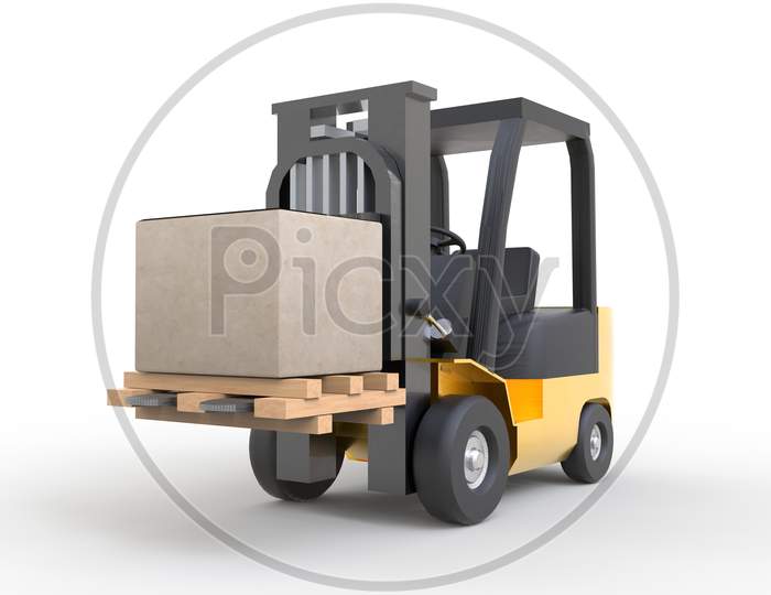 Yellow Forklift Moving And Lifting Up Cardboard Box Pallet On White Background. Transportation And Industrial Concept. Shipment And Delivery Storage. 3D Illustration Rendering