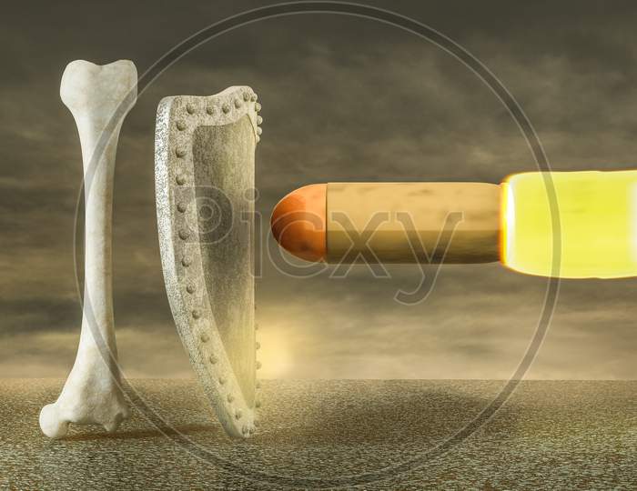 Human Thigh Bone Protecting By Shield From A Giant Bullet On Asphalt In Sunset Cloudy Day. Strong Bones And Healthy Human Bone Or Osteoporosis World Day Or Retirement Age And Health. 3D Illustration