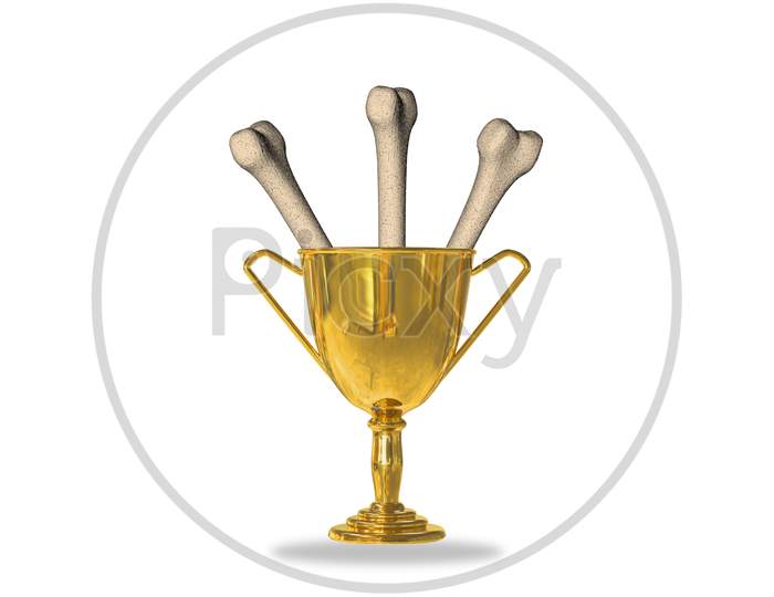 Golden Trophy Cup Isolated On White Background With Human Thigh Bones Inside. Strong Bones And Healthy Human Bone Or Osteoporosis World Day Or Power Or Confidence Or Ceremony Concept. 3D Illustration