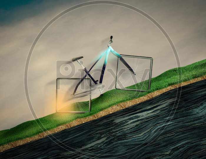 A Bicycle With Square Wheels Goes Up A Hill On Grass In Cloudy Sunset Day. I Can Do It Or It Always Seems Impossible Until It'S Done Or It Is Possible Or Find The Solution Concept. 3D Illustration