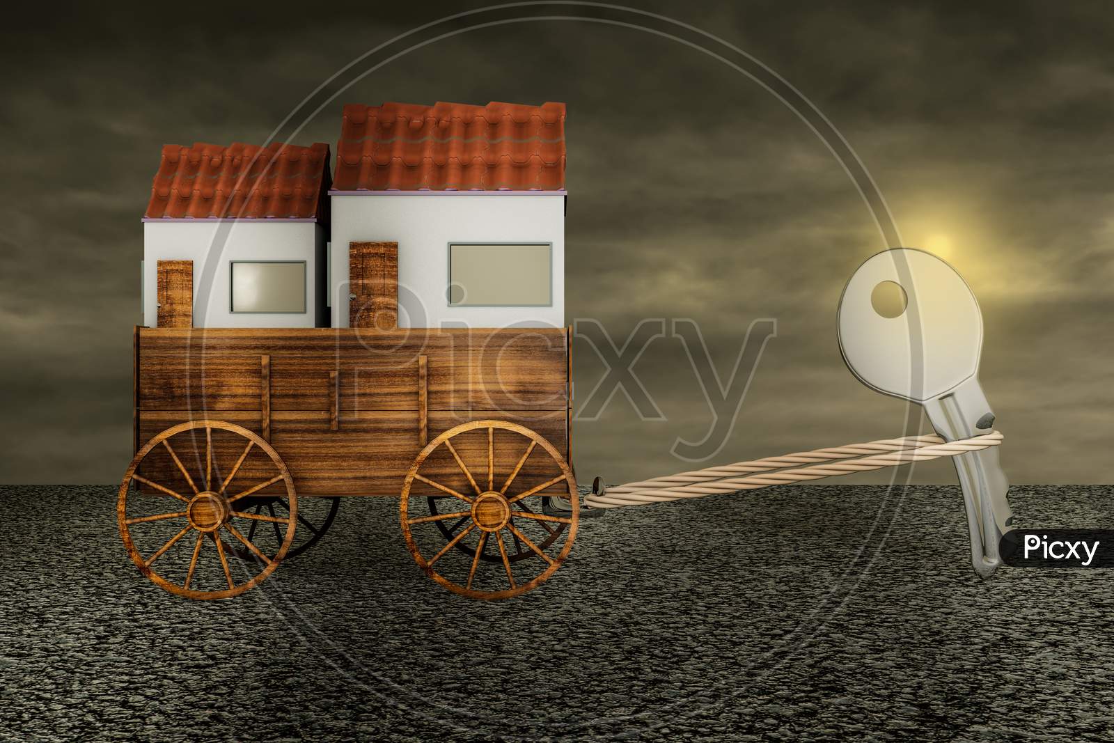 Key Dragging A Farm Cart Of Two Houses On Asphalt In A Sunset Day. Real Estate Agent Or Independent Contractor Or Develop A Business Plan Or Business Expenses Concept. 3D Illustration