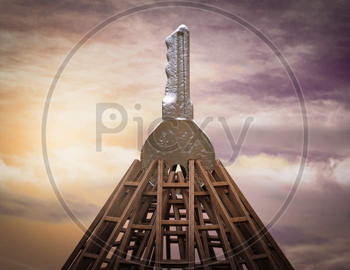 Metal Key On Top Of Many Ladders Together As Pyramid. Real Estate On Top Concept. 3D Illustration