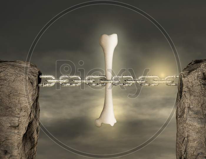 Two Mountains Connected With A Chain By Human Thigh Bone In Sunset Day. Strong Bones And Healthy Human Bone Or Osteoporosis World Day Or Retirement Age And Health. 3D Illustration