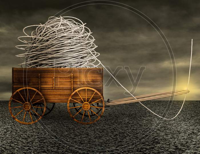 Rope Edge Dragging A Farm Cart Of A Very Tangled Mess Rope On Asphalt In A Sunset Day. Psychotherapy And Psychology Help Or Ways Of Problem Solving Or Treatment Of Psychological Addiction. 3D Render