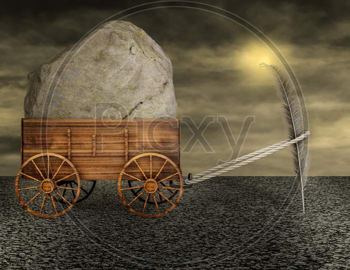 Feather Dragging A Farm Cart Of Big Heavy Stone On Asphalt In A Sunset Day. I Can Do It Or It Always Seems Impossible Until It'S Done Or It Is Possible Or Find The Solution Concept. 3D Illustration