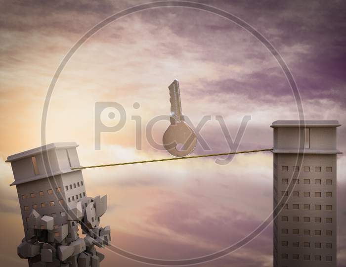Metal Key On A Rope With One Skyscraper Ready To Collapse. Real Estate Crash Concept. 3D Illustration