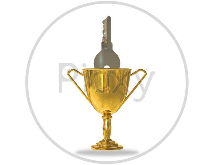 Golden Trophy Cup Isolated On White Background With A Metal Key Inside. Real Estate Agent Or Independent Contractor Or Develop A Business Plan Or Business Expenses Concept. 3D Illustration