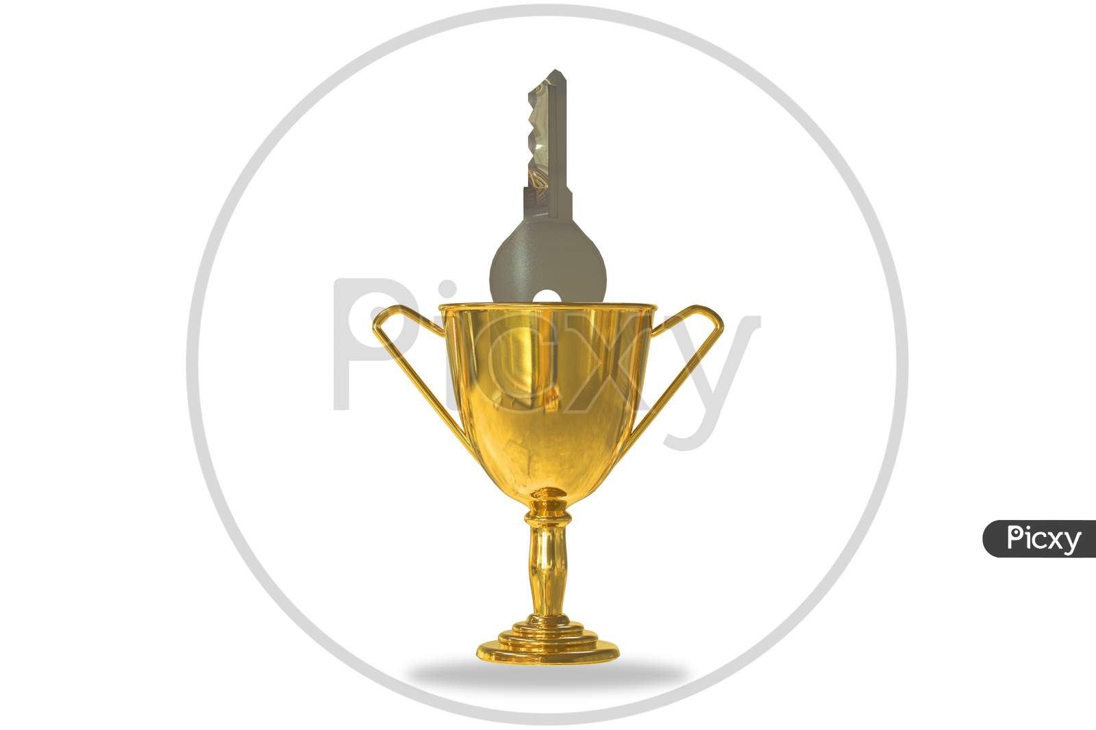 Golden Trophy Cup Isolated On White Background With A Metal Key Inside. Real Estate Agent Or Independent Contractor Or Develop A Business Plan Or Business Expenses Concept. 3D Illustration