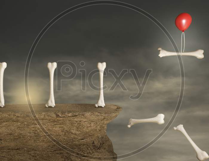 Human Thigh Bones On A Stone Cliff With A Red Balloon Help To Escape One Human Thigh Bone From Falling In A Sunset Day. Strong Bones Or Osteoporosis World Day Or Retirement Age And Health. 3D Render