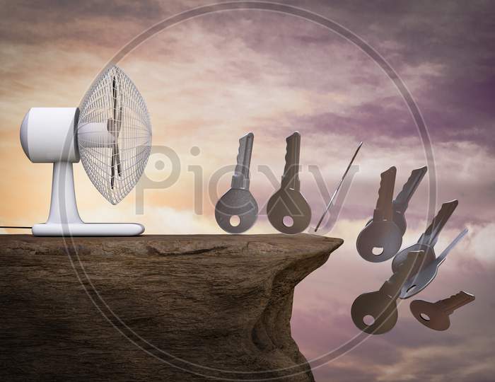 A Fan Blows Many Metal Keys On Cliff At Sunset Magenta Day. Real Estate Falling Concept. 3D Illustration