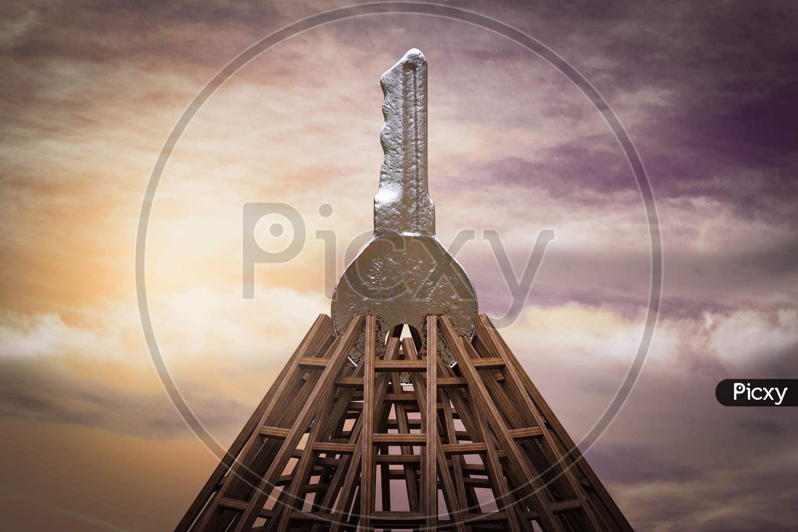 Metal Key On Top Of Many Ladders Together As Pyramid. Real Estate On Top Concept. 3D Illustration