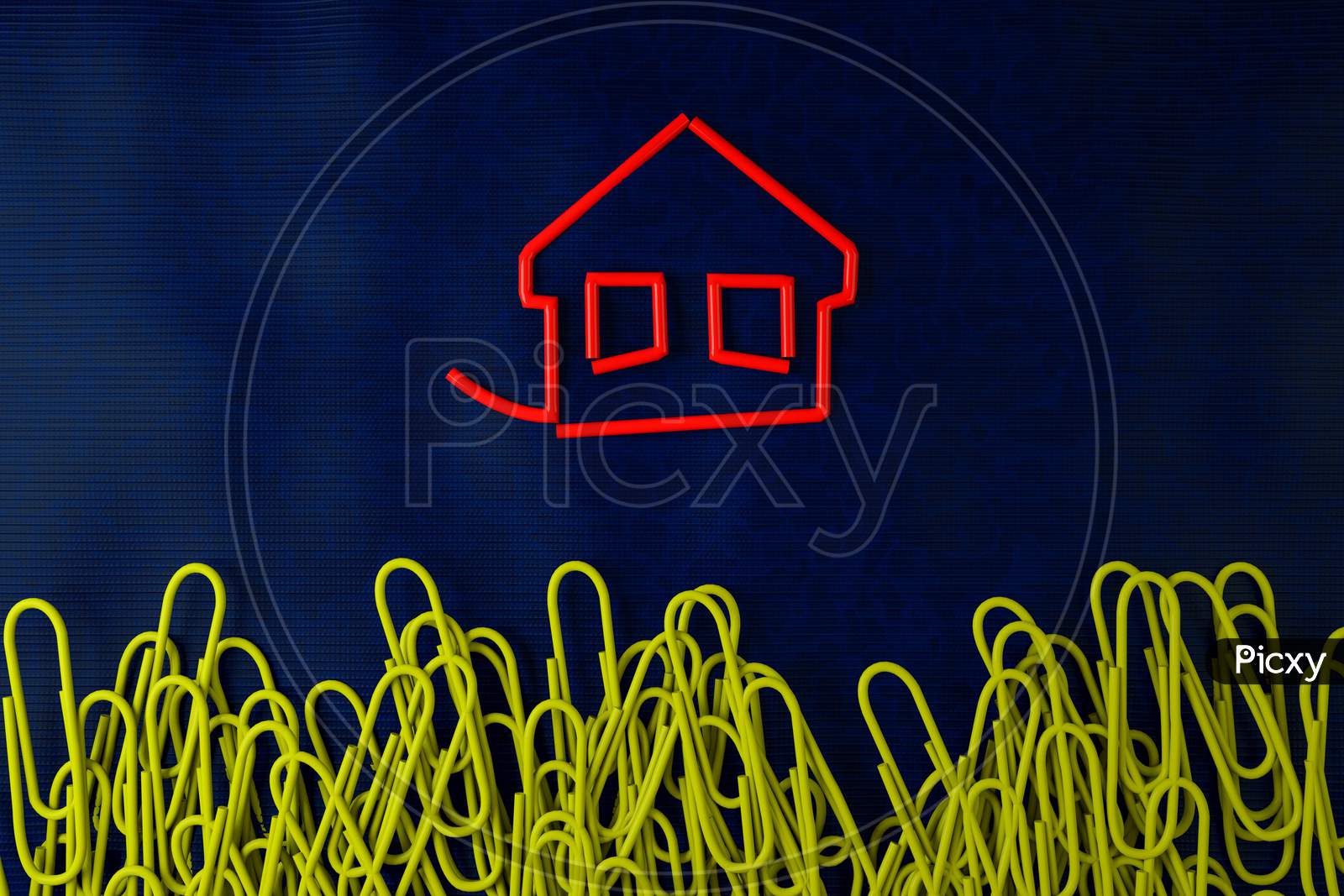 Red House Paperclip On Blue Fabric Next To Random Paperclips. Business Concept Or Standing Out From The Crowd Or Go Your Own Way Or Being Different Or Real Estate Concept. 3D Render