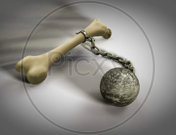 Human Thigh Bone Lock With Stone Ball In White-Grey Background. Osteoporosis World Day Or Retirement Age And Health Strong Bones Or Awareness And Prevention Concept. 3D Illustration