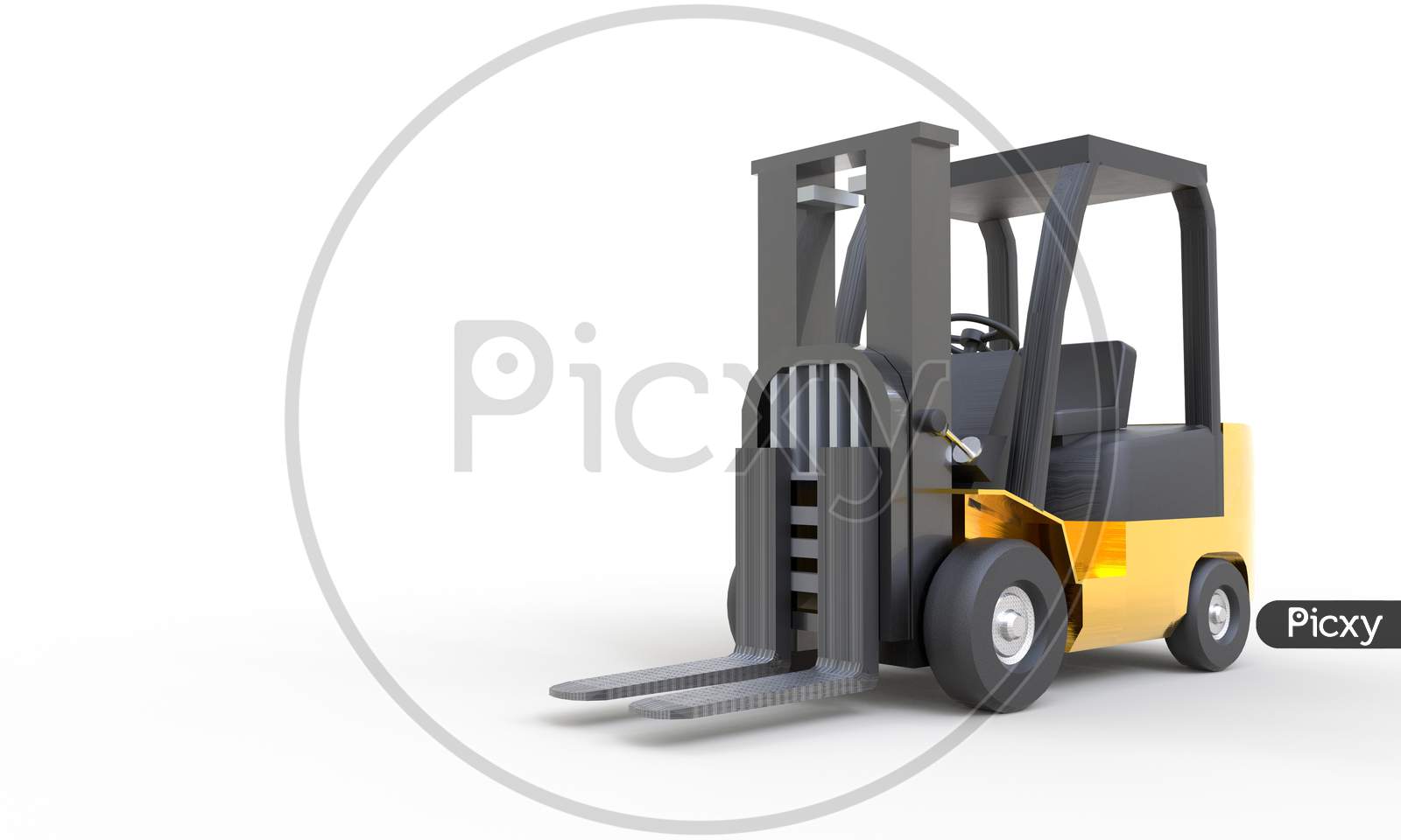Yellow Forklift With Empty Fork Parking On White Background. Transportation And Industrial Concept. Shipment And Delivery Storage. Copy Space. 3D Illustration Rendering