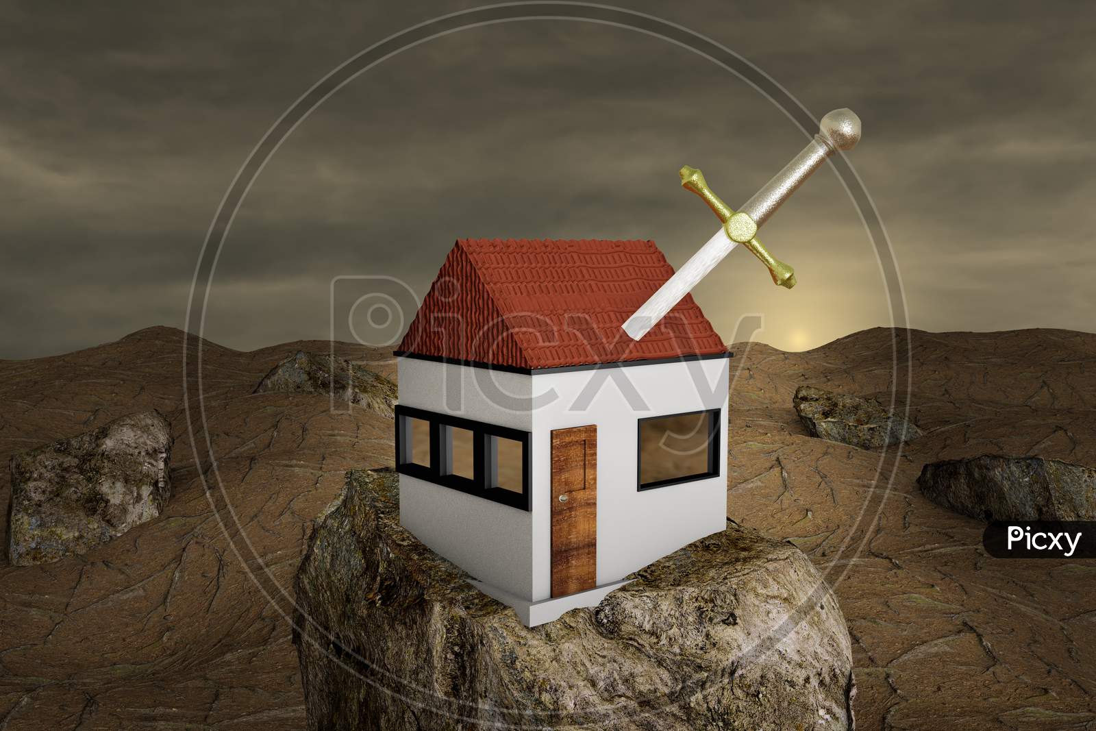 Excalibur In House On Stone At Sunset Day. Real Estate Agent Or Independent Contractor Or Develop A Business Plan Or Business Expenses Concept. 3D Illustration