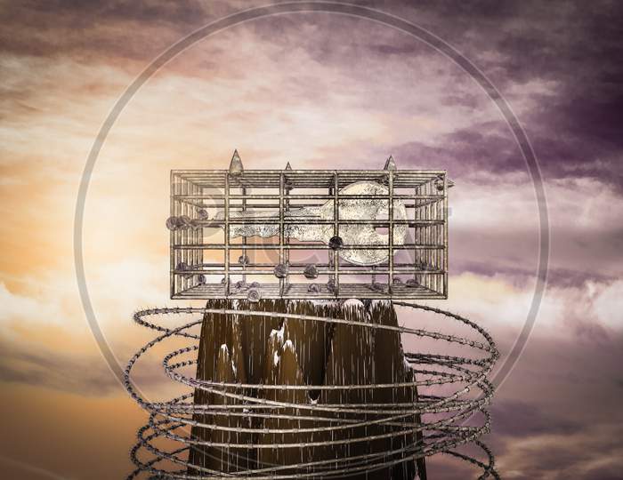 Metal Key In A Cage On The Top Of A Mountain At Sunset Magenta Day. Metal Key Is Prisoner In Metal Cage Or No Freedom For Real Estate Concept. 3D Illustration