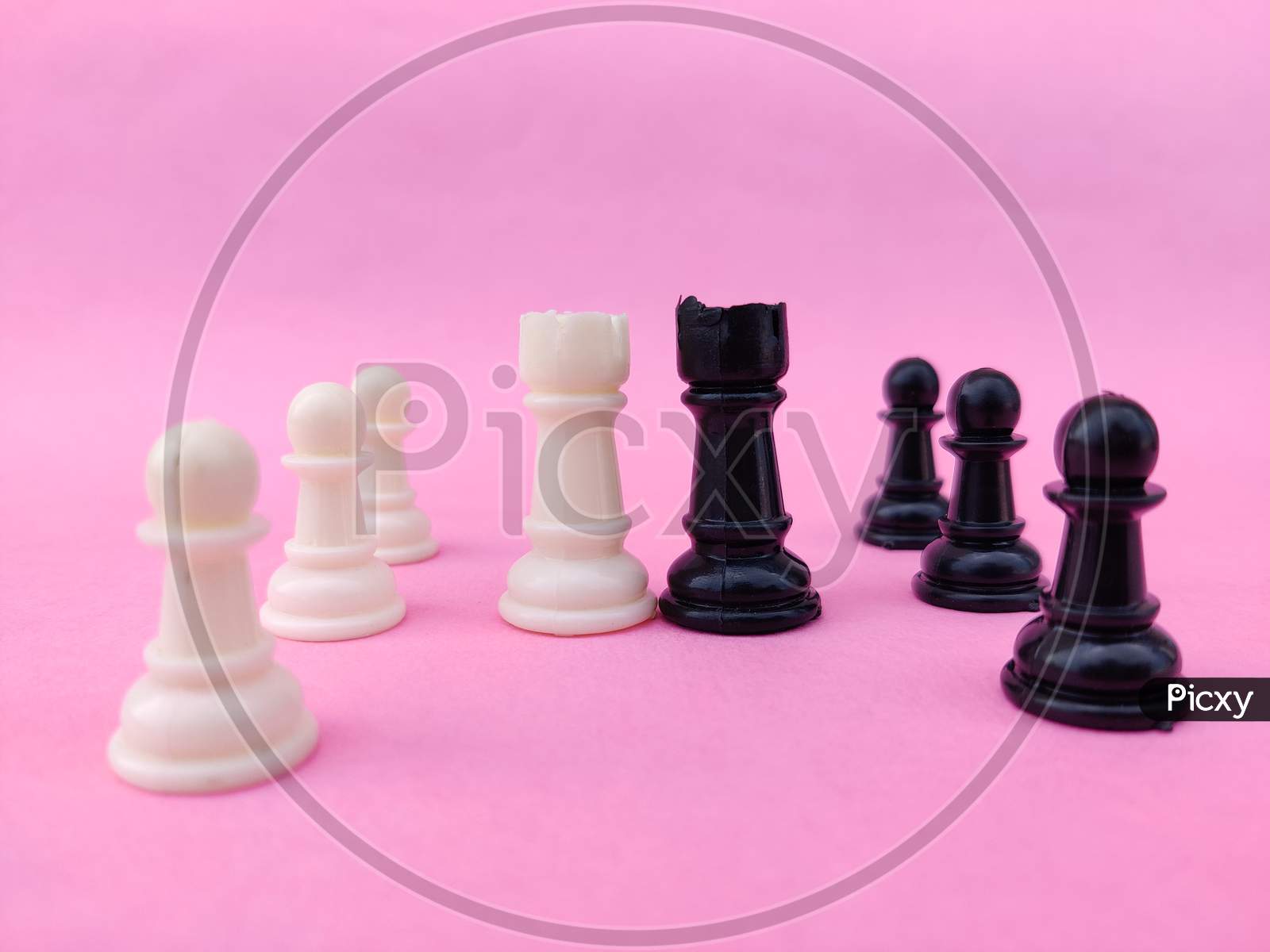 Black And White Rook/Elephant Chess Pieces Facing Each Other. Business Concept. Pink Background