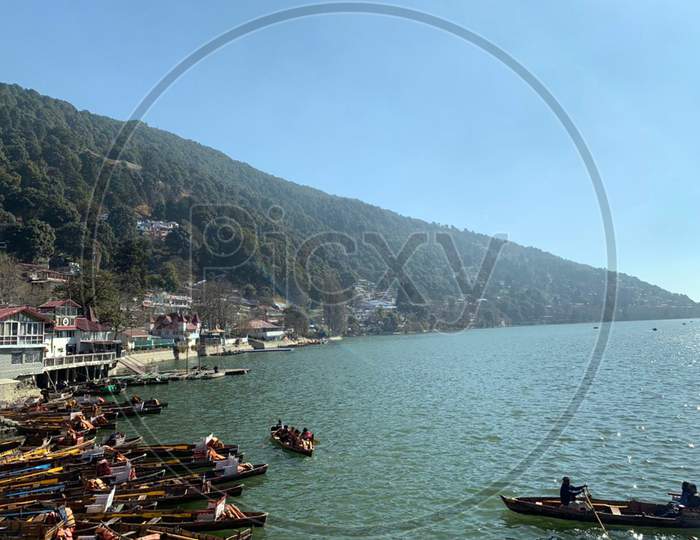 Naini Lake-Boats-Mountains at Nainital Lake, Uttarakhand
