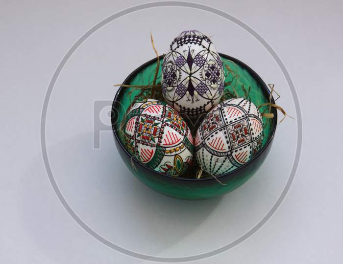 Traditional Handmade Easter Eggs In Glass Bowl