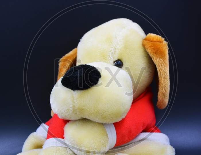 A soft children's toy, an ivy dog in a red rug and brown ears is located on a black background.