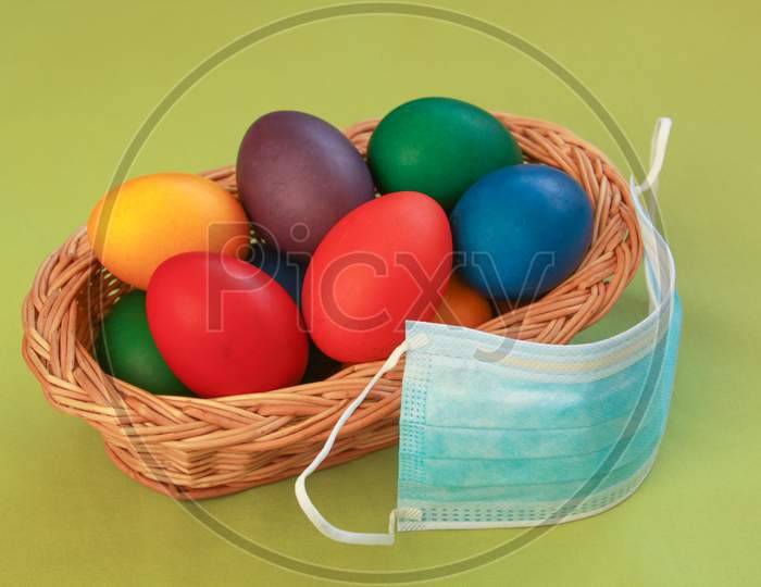 Colored Eggs In Basket Medical Mask Easter 2020