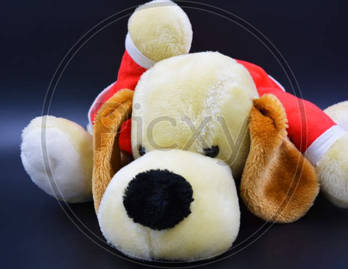 A soft children's toy, an ivy dog in a red rug and brown ears is located on a black background.