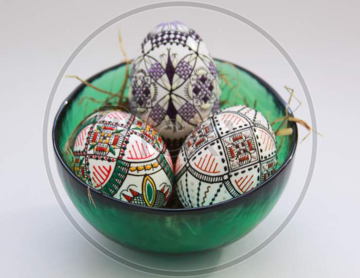 Traditional Handmade Easter Eggs In Glass Bowl