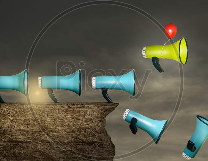 Loudspeakers On Cliff With A Red Balloon Help To Escape One Yellow Loudspeaker From Falling In A Sunset Day. Promote Your Campaigns Or Refer A Friend Or Promotion Or Participation Concept. 3D Render