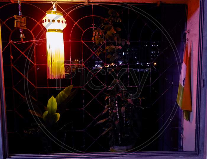 Kandeel Lantern Framework On Diwali With Indian Flag