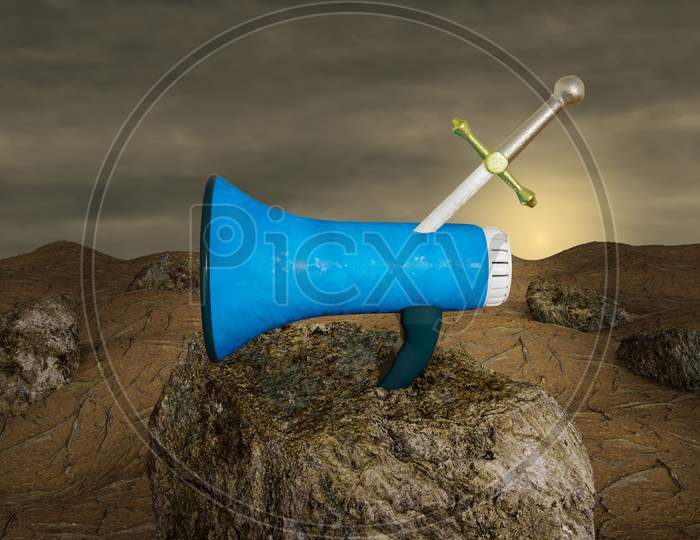 Excalibur In Loudspeaker On Stone At Sunset Day. Promote Your Campaigns Or Refer A Friend Or Promotion Or Participation In Your Campaigns Or Use Mystery Gifts As Rewards Concept. 3D Render