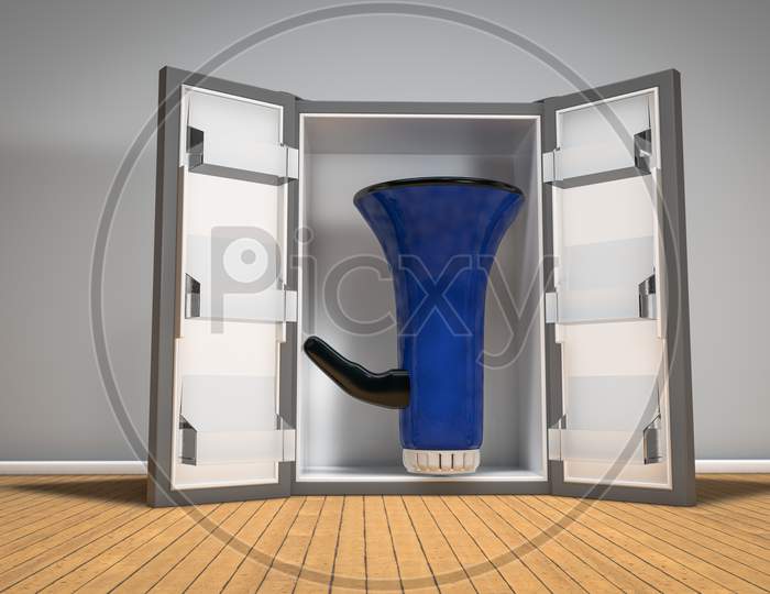 Loudspeaker In Fridge On Wooden Floor. Freeze Promotion Or Slow The Campaigns Concept. 3D Illustration