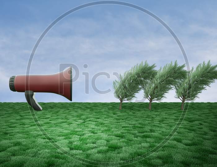 A Loudspeaker Blows Loudly Against The Trees On Grass In A Blue Sky. Social Media Marketing Or Refer A Friend Or Business Or Promotion Or Alert Or Join Concept. 3D Illustration