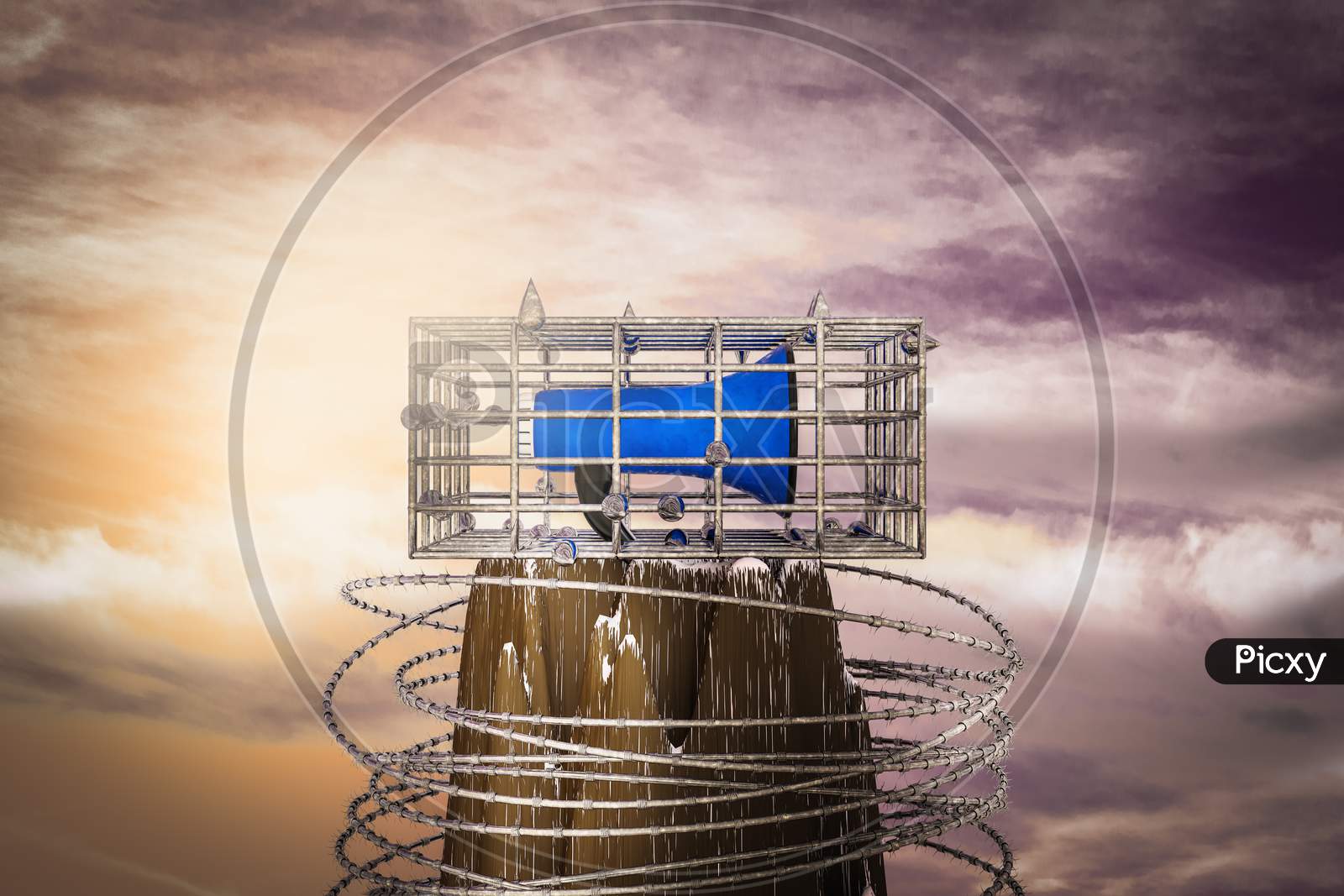 A Loudspeaker In A Cage On The Top Of A Mountain At Sunset Magenta Day. A Loudspeaker Is Prisoner In Metal Cage Or Refer A Friend Concept. 3D Illustration