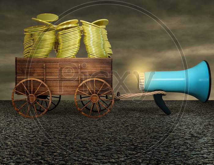 A Loudspeaker Dragging A Farm Cart Of Gold Money Coin Stack On Asphalt In A Sunset Day. Promote Your Campaigns Or Refer A Friend Or Promotion Or Participation In Your Campaigns Concept. 3D Render