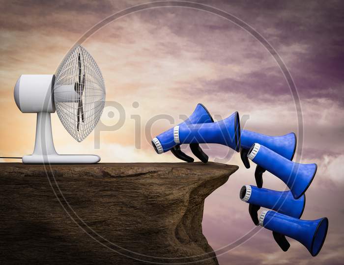 A Fan Blows Many Loudspeakers On Cliff At Sunset Magenta Day. Refer A Friend Concept. 3D Illustration