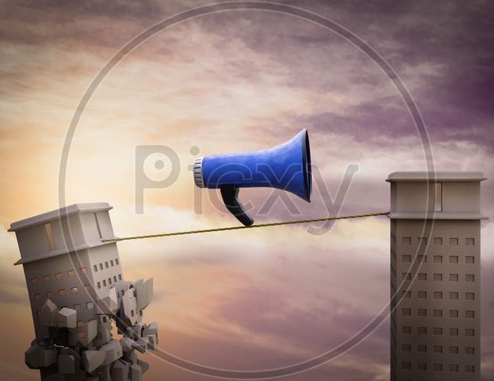 Loudspeaker On A Rope With One Skyscraper Ready To Collapse. Refer A Friend Crash Concept. 3D Illustration