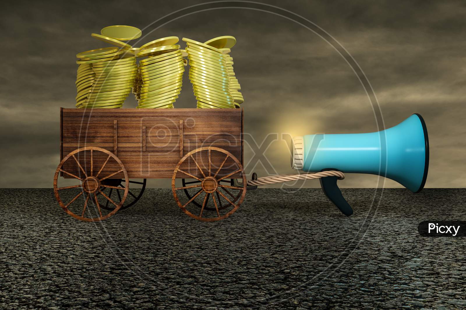 A Loudspeaker Dragging A Farm Cart Of Gold Money Coin Stack On Asphalt In A Sunset Day. Promote Your Campaigns Or Refer A Friend Or Promotion Or Participation In Your Campaigns Concept. 3D Render