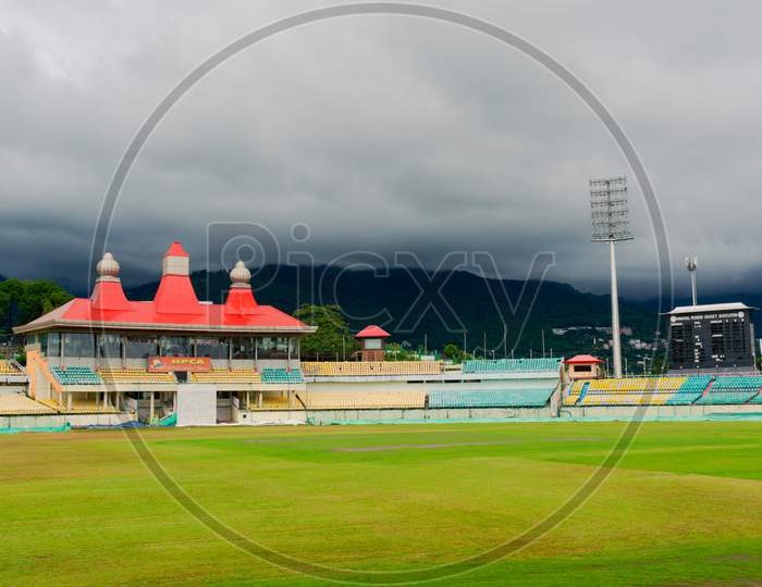 Wide Angle Shot Of The Famed Dharamshala Cricket Stadium The Worlds Highest Altitude Stadium A Tourism Hotspot And Landmark