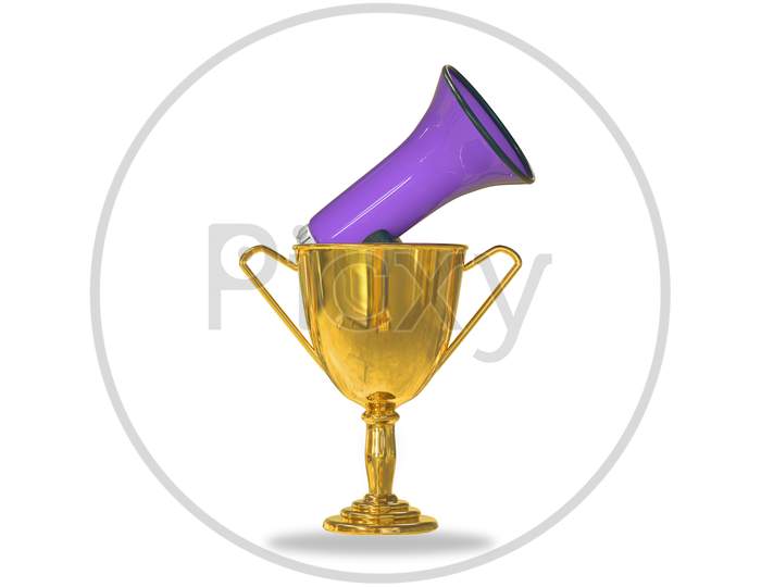 Golden Trophy Cup Isolated On White Background With A Loudspeaker Inside. Promote Your Campaigns Or Refer A Friend Or Promotion Or Participation In Your Campaigns Or Award Ceremony Concept. 3D Render