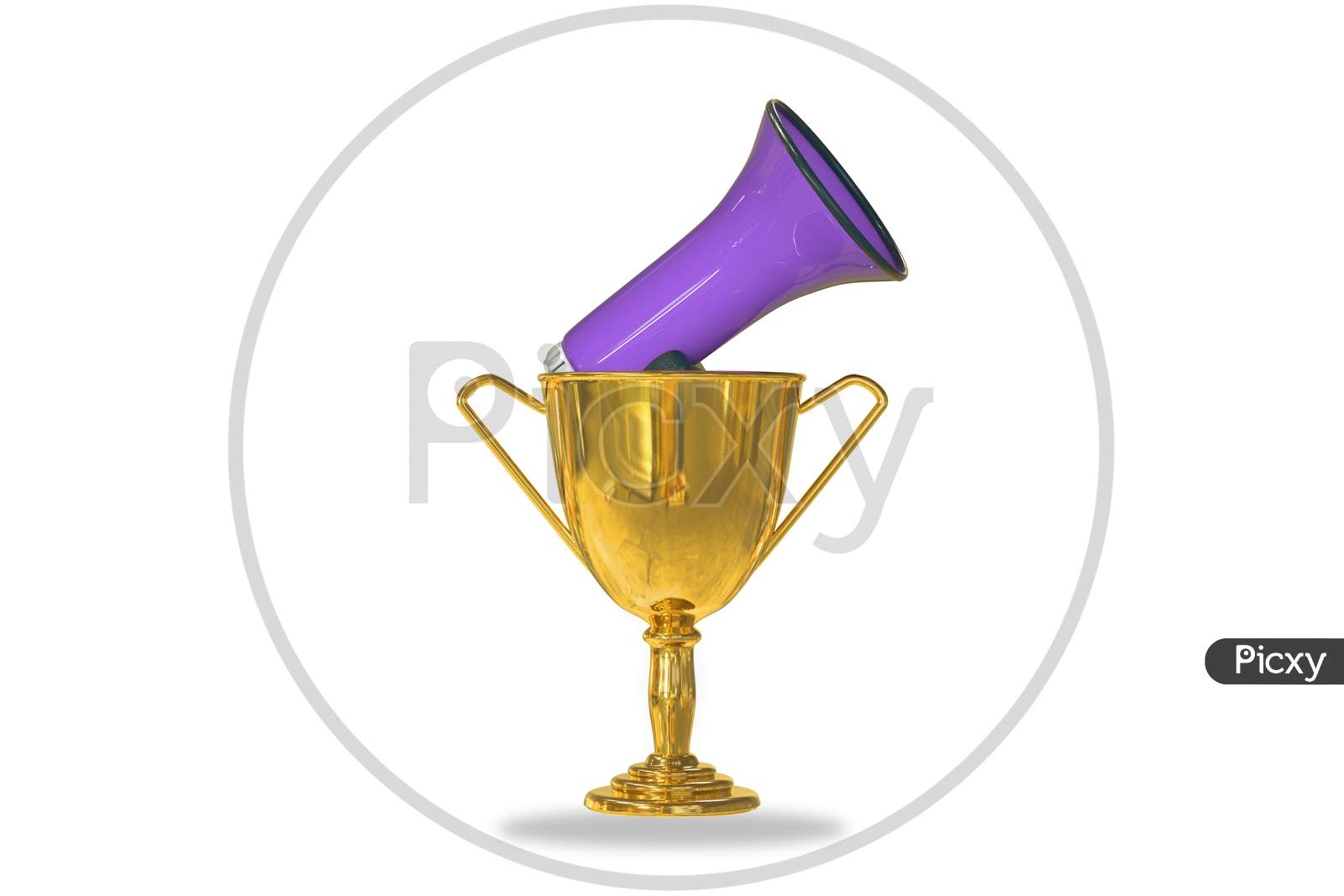 Golden Trophy Cup Isolated On White Background With A Loudspeaker Inside. Promote Your Campaigns Or Refer A Friend Or Promotion Or Participation In Your Campaigns Or Award Ceremony Concept. 3D Render
