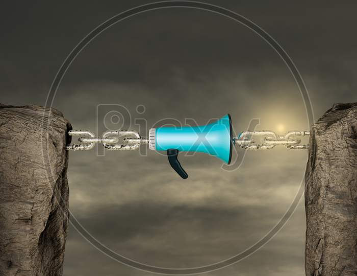 Two Mountains Connected With A Chain By Loudspeaker In Sunset Day. Participation In Your Campaigns Or Promote Or Refer A Friend Or Participation In Your Campaigns Concept. 3D Render