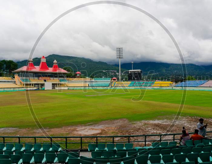 Wide Angle Shot Of The Famed Dharamshala Cricket Stadium The Worlds Highest Altitude Stadium A Tourism Hotspot And Landmark