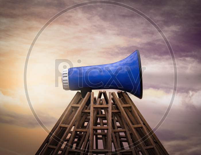 Megaphone On Top Of Many Ladders Together As Pyramid. Refer A Friend On Top Concept. 3D Illustration