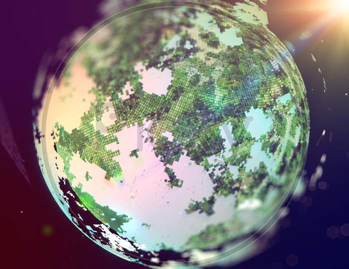 Closeup Of Planet From Space, Realistic Planet With Nice Environmental Light Effects,Technology And Business And Environment Concept. 3D Render