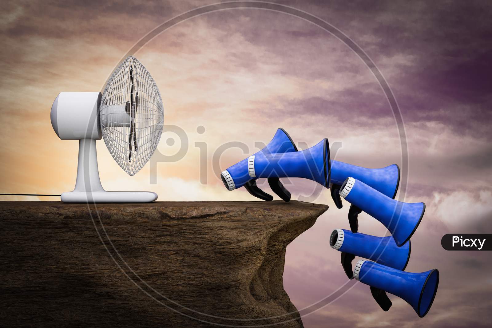 A Fan Blows Many Loudspeakers On Cliff At Sunset Magenta Day. Refer A Friend Concept. 3D Illustration