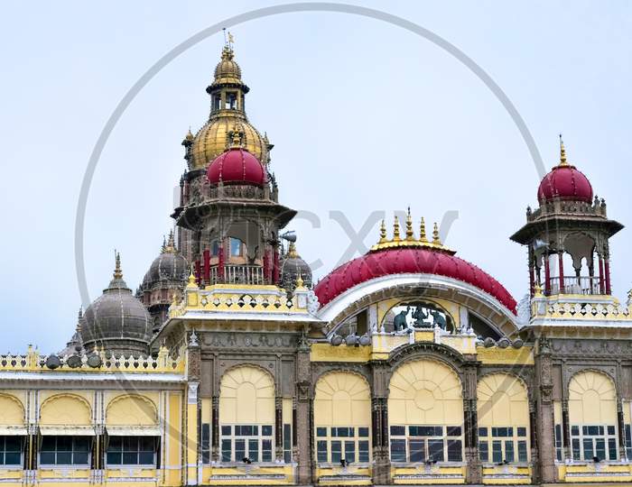 Close-Up Shot Of Mysore Palace, Karnataka Having Indo-Islamic Architecture.
