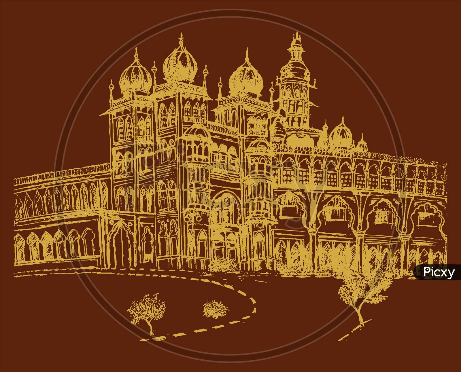 Premium Vector | Mysore palace indian famous iconic landmark cartoon line  art illustration