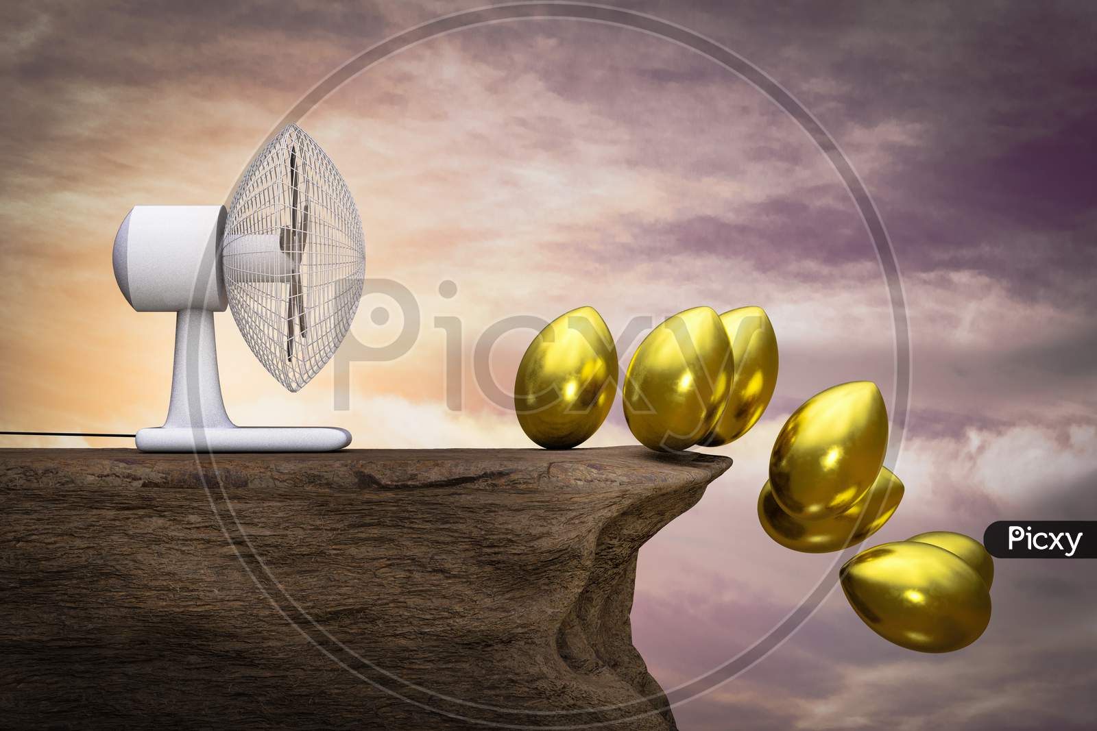 A Fan Blows Many Golden Eggs On Cliff At Sunset Magenta Day. Retirement Lost Concept. 3D Illustration