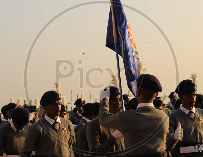 Chennai, Tamilnadu / India - January 01 2020 : Indian Scouts Or School Students Ready For Parading At Chennai Marina Beach On Occasion Of India Republic Day