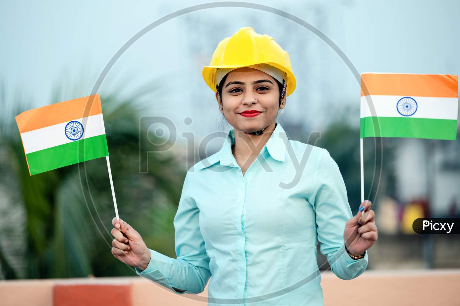 Beautiful Indian Girl In Formal Were With Indian National Tricolour Flag, Suitable For Independence Day Or Republic Day Concept.